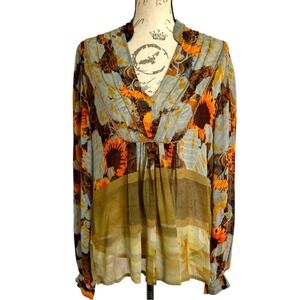 Anthropologie Bl^nk London Floral Blouse top Size S‎ V neck Sheer Boho Peasant